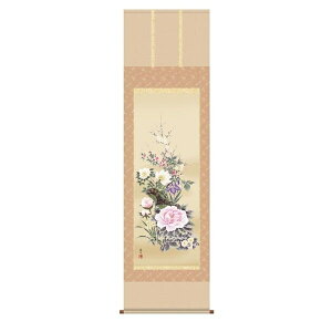掛け軸 掛軸 純国産掛け軸 床の間 花鳥画 「四季花」 吉井蘭月、尺五、桐箱畳紙収納 オニックス風鎮 防虫香サービス