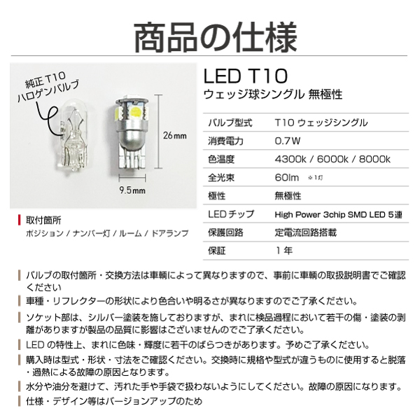 楽天市場】LEDバルブ LED バルブ T10 SMD 5連 ウェッジ球 無極性 