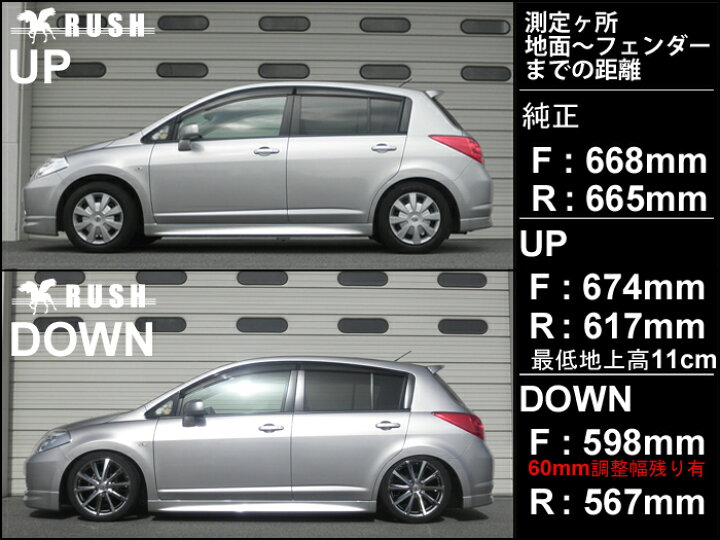 楽天市場 Rush 車高調 ティーダ C11 Jc11 前期 後期 車高短 モデル フルタップ車高調 全長調整式車高調 減衰力調整付 Rush Damper Comfort Class 車高調通販 Transport 楽天市場店