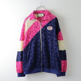 【ウィンターセール】美品 グッチ GUCCI Lace Interlocking GG Patch Track Jacket 総レーストラックジャケット XS//ネイビーピンクジャージー【2400014044201】【中古】