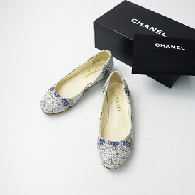 【期間限定価格】2012C イタリア製 シャネル CHANEL G28134 ツイード ラインストーンロゴ パンプス 37/ホワイト系 シューズ ココマーク【2400014121544】【中古】