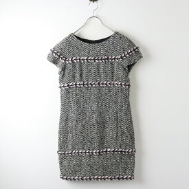 【期間限定価格】美品 フランス製 2013年 秋冬 シャネル CHANEL ファンシーツイード 半袖 ワンピース 裾ココボタン 38//ブラックホワイト【2400014207736】【中古】