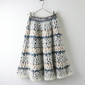 【期間限定価格】イタリア製 2019年秋冬 シャネル CHANEL ウエスト ロゴ×ココマーク ノルディック柄 ニットフレアスカート 34 ホワイト-.【2400014207743】【中古】