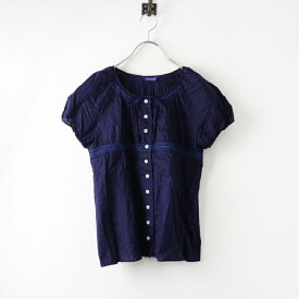 ピンクハウス PINK HOUSE 綿ローン スモッキング刺繍 パフスリーブ ブラウス ネイビー/シャツ トップス【2400014438413】【中古】