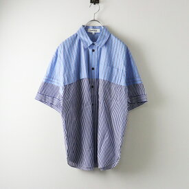 【期間限定価格】定価3.8万 2024SS エンフォルド ENFOLD ミックスストライプ レイヤードMEN’Sライクシャツ 38/ブルー ブラウス 半袖【2400014522051】【中古】