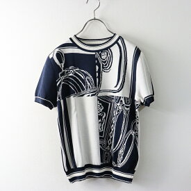 【期間限定価格】極美品 2024SS エルメス HERMES 無秩序 フィネス インターシャ編み ショートスリーブシルクニット 34 //ネイビー-.【2400014581331】【中古】