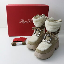 【期間限定価格】美品 ロジェヴィヴィエ ROGER VIVIER ビジュー ストラスバックル ファーブーツ 39｜ベージュ ボア 約25cm【2400014570267】【中古】