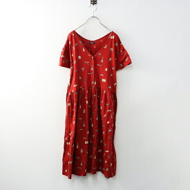 【期間限定価格】美品 マーブルシュッド marble SUD MATKA Vネックギャザーワンピース＼レッド ドレス 前開き 半袖 フレア コットン【2400014607147】【中古】