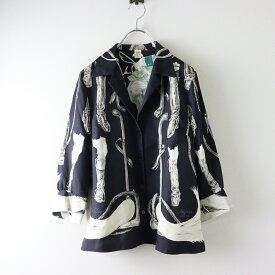 エルメス HERMES【A Propos de Bottes】シルク スカーフ ロングスリーブ オープンカラーシャツ 36//ブラック ブラウス【2400014638684】【中古】