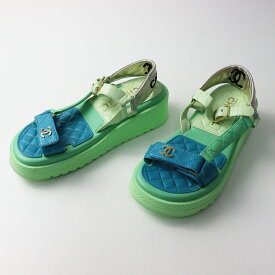 【期間限定価格】良品 シャネル CHANEL G38880 レザーマトラッセ フットベッド サンダル グリーンマルチ 36C(23cm)//スポーツサンダル【2400014638622】【中古】