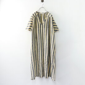 【期間限定価格】ハウスオブロータス HOUSE OF LOTUS ストライプスキッパーワンピース M＼ベージュ グレー ギャザー Vネック ドレス【2400014641530】【中古】