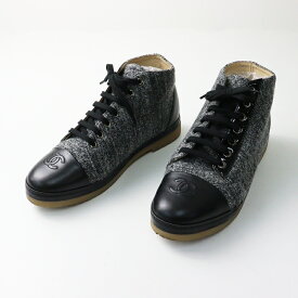 【期間限定価格】美品 シャネル CHANEL G30362 ココマーク刺?入 レザー切替 ツイードレースアップシューズ 38(約24cm)グレー//【2400014638516】【中古】