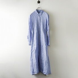 【期間限定価格】美品 120% Lino 120パーセントリノ ストライプシャツワンピース 40 ブルーストライプ┃麻素材 ロング丈【2400014657678】【中古】