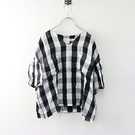 【期間限定価格】2022 ポルテデブトン Porter des boutons ギンガムチェックブラウス＼ブラック系 Vネック プルオーバー 半袖 シャツ【2400014640267】【中古】