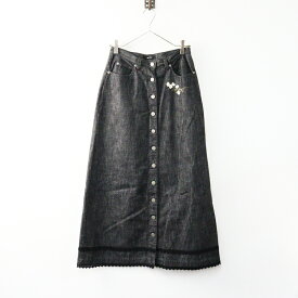 ピンクハウス PINK HOUSE 花刺繍フロントボタンデニムスカート L＼ブラック ロング コットン 前開き レース【2400014643916】【中古】