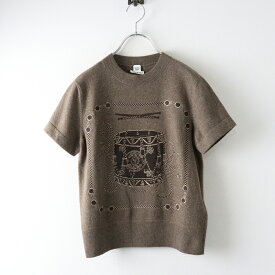 美品 最高級 2023AW エルメス HERMES Les Tambours フロント刺繍 ウール ショートスリーブニットトップス 34 ブラウン┃【2400014752267】【中古】