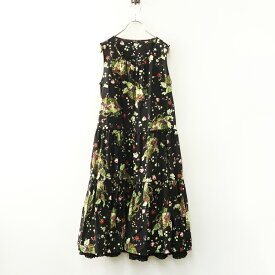 極美品 ピンクハウス PINK HOUSE ハーベストドロッププリントノースリーブワンピース＼ブラック 綿ローン ピコフリル【2400014792119】【中古】