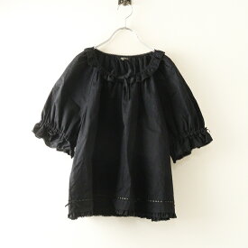 2023SS ピンクハウス PINK HOUSE ピコフリルリボン半袖スモックブラウス ブラック┃ギャザー ラグラン プルオーバー【2400014793628】【中古】
