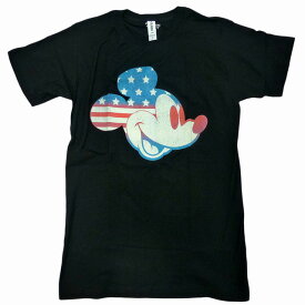 海外正規ライセンス Disney Mickey Americana Flag T-Shirt ミッキーマウス ディズニー 星条旗 USフラッグ ヴィンテージ Tシャツ 黒【ゆうパケット対応】