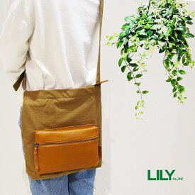LILY リリー リアルマインド REAL MIND 日本製 ナイロン 牛革 本革 レザー フリス ポケット付き 縦型 薄マチ スクエア ショルダーバッグ 120131