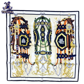 ★美品_新品同様★HERMES エルメスカレ90ブリッド・エ・デスタンスカーフブラン/マリン/マルチシルク【辻屋質店A2529】【中古】【質屋出品】