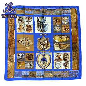 HERMES エルメス　ブルー　絵画風　スカーフ　中古AB【辻屋質店A2789】【中古】【質屋出品】