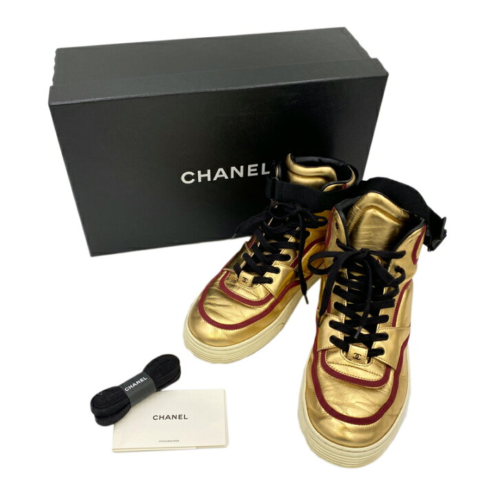 楽天市場】CHANEL シャネル ハイカットスニーカー ゴールド×レッド 