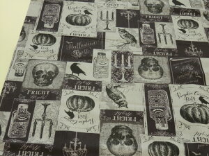 1m単位 アウトレット50% andover ハロウィン ドクロBR グレー USAコットン 【メール便3m可】 輸入生地 メーカー処分品 生地 布地 コットン おしゃれ プリント生地