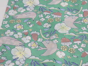 1m単位 アウトレット50% フラワー&バード グリーン 60ローン生地【メール便4m可】 メーカー処分品 生地 布地 布 コットン 綿 服地