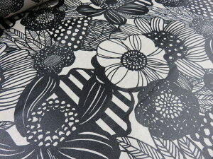 ラミネート生地 綿麻 ビッグフラワーズ ブラック  【メール便1m可】