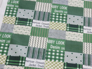 小関鈴子 パッチ柄 c グリーン チンツ加工シャーティング生地【メール便3m可】 生地 布地 服地 コットン パッチワーク 有輪 YUWA ユーワ