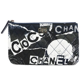 シャネル 2.55 キルティング ポーチ ネイビー コットンキャンバス カメリア柄 レディース ロゴ フラットポーチ CHANEL【中古】