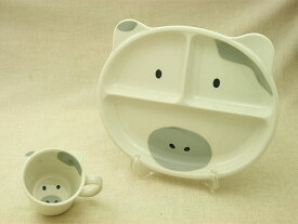 うしフェイス 仕切 ランチプレート＆マグ　子ども食器2点セット 陶器 ウシ 出産祝い 誕生祝い 入園祝い 日本製 美濃焼 牛 食器セット 箱入 ギフトセット