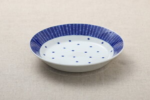 【アウトレット】蒼天(そうてん) 21cm深皿 青と白の反らし型6.3深皿 水玉 ステッチ カレー皿 パスタ皿 和食器 日本製 カネ定 蒼の器 アウトレット