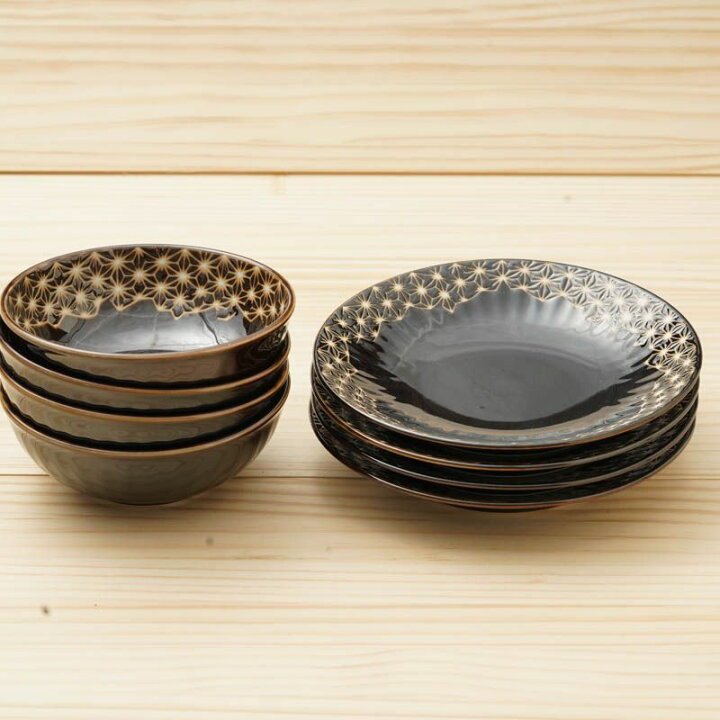 麻の葉 軽い プレート ボウル 8個セット オリーブ ブラウン ミント ピンク 送料無料 取り皿4枚 小鉢4個 箱入り 軽量食器 中皿 丸皿 ケーキ皿 取り鉢 和食器セット 日本製 美濃焼 おしゃれ かわいい うすかる Asanoha 超高品質で人気の