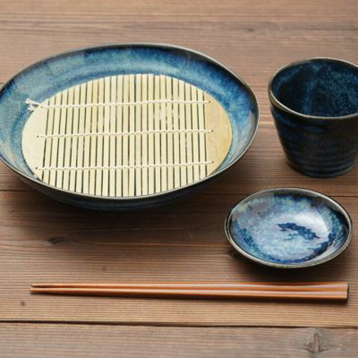 楽天市場】窯変紺 ざるそばセット 2人分 そば皿 そば猪口 薬味皿 竹 