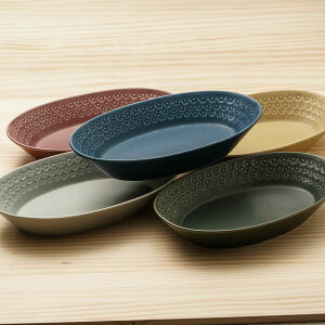 【アウトレット】フラワースタンプ 楕円カレー皿 ベージュ/グリーン/ネイビー/グレー/ワインレッド 日本製 美濃焼 食器 楕円鉢 大皿 おしゃれ インスタ映え 可愛いお皿 オーバルベーカー フ