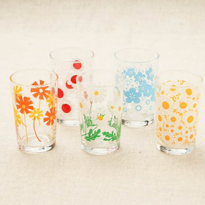 ヴィンテージ 昭和レトロ オレンジ色 花柄グラス 5個セットヴィンテージ 昭和レトロ 5個セット オレンジ色 花柄グラス