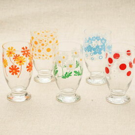 アデリアレトロ 台付きグラス5個セット送料無料 可愛い花柄 5柄 ガラスタンブラー パフェグラス クリームソーダ 箱入 日本製 カフェ風 ガラス食器 アリス 野ばな 花まわし 花ざかり 花の輪 おうちカフェコップ ギフトセット プレゼント 結婚祝い