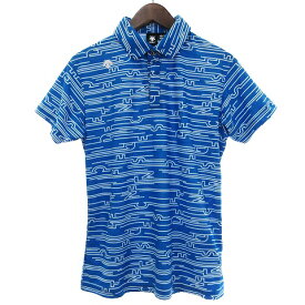 【中古】デサント DESCENTE GOLF 美品 ポロシャツ ゴルフウェア 鹿の子 MARIN柄プリントシャツ 半袖 総柄 DGMRJA19 青 ブルー M ■SM1 メンズ 【ベクトル 古着】 230626