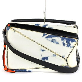 【中古】ロエベ LOEWE 美品 パズルバッグ ミディアム アナグラム ショルダー ハンド 2WAY デニム コットン レザー 312.50.S20 白 ホワイト 鞄 ★AA☆ レディース 【ベクトル 古着】 231223