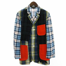 【中古】コムデギャルソンオムプリュス COMME des GARCONS HOMME PLUS AD2009 テーラードジャケット ブレザー パッチワーク 裏地無 3B チェック PE-J049 マルチカラー 緑系 グリーン 水色 S メンズ 【ベクトル 古着】 240312