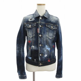 【中古】未使用品 ディースクエアード DSQUARED2 タグ付き 22年製 Boyfrisnd jean jacket デニムジャケット 長袖 ショート丈 ペイント ダメージ加工 コットン S72AM0939 S30664 青 インディゴ 38 M位 レディース 【ベクトル 古着】 240514