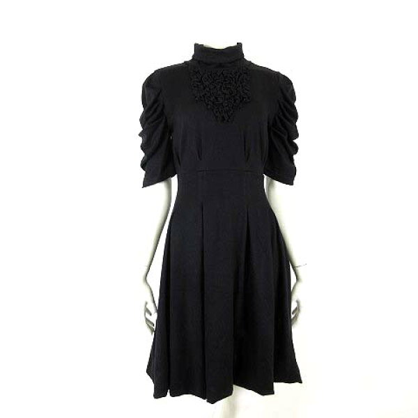 【中古】レギープレス LEGGY PRESS ワンピース フレア 切替 カットソー タック フリル メロウ タートルネック バルーン裾 ひざ丈 ストレッチ ギャザー ボリューム袖 5分袖 半袖 M 黒 ブラック レディース 【ベクトル 古着】 260908