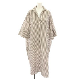 【中古】ティッカ TICCA シャツワンピース ロング スキッパー 半袖 ストライプ柄 麻 リネン混 F 白 ホワイト 茶 ブラウン TAHS-342-11 /YT レディース 【ベクトル 古着】 250801