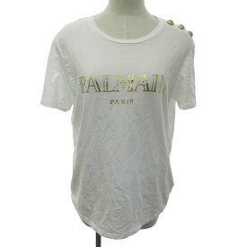 【中古】バルマン BALMAIN Tシャツ カットソー 金ボタン ロゴプリント 半袖 白 ホワイト L 0925 ECM ★AA☆ レディース 【ベクトル 古着】 230925