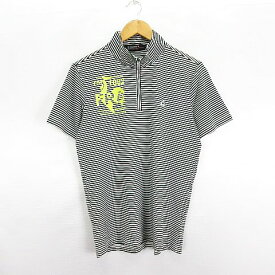 【中古】ルコックスポルティフ le coq sportif GOLF COLLECTION シャツ 半袖 スタンドカラー ハーフジップ ボーダー ロゴ M ダークグリーン×ホワイト ※EKM メンズ 【ベクトル 古着】 240201