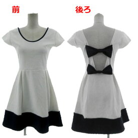 【中古】未使用品 セシルマクビー CECIL McBEE ワンピース Uネック パイピング 半袖 ミディ丈 バックオープン リボン 配色 ホワイト 白 ネイビー 紺 M レディース 【ベクトル 古着】 240914