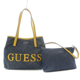 【中古】ゲス GUESS トートバッグ ハンドバッグ 2way ポーチ付き デニム レザー 切替 ラバー ロゴ インディゴ 黄 イエロー /KW ■GY18 レディース 【ベクトル 古着】 240422