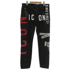【中古】ディースクエアード DSQUARED2 19SS SKATER JEAN デニムパンツ ジーンズ スキニー ペイント加工 ボタンフライ ロゴ プリント 46 L 黒 ブラック S74LB0463 S39781 /XZ ■GY4 メンズ 【ベクトル 古着】 251116
